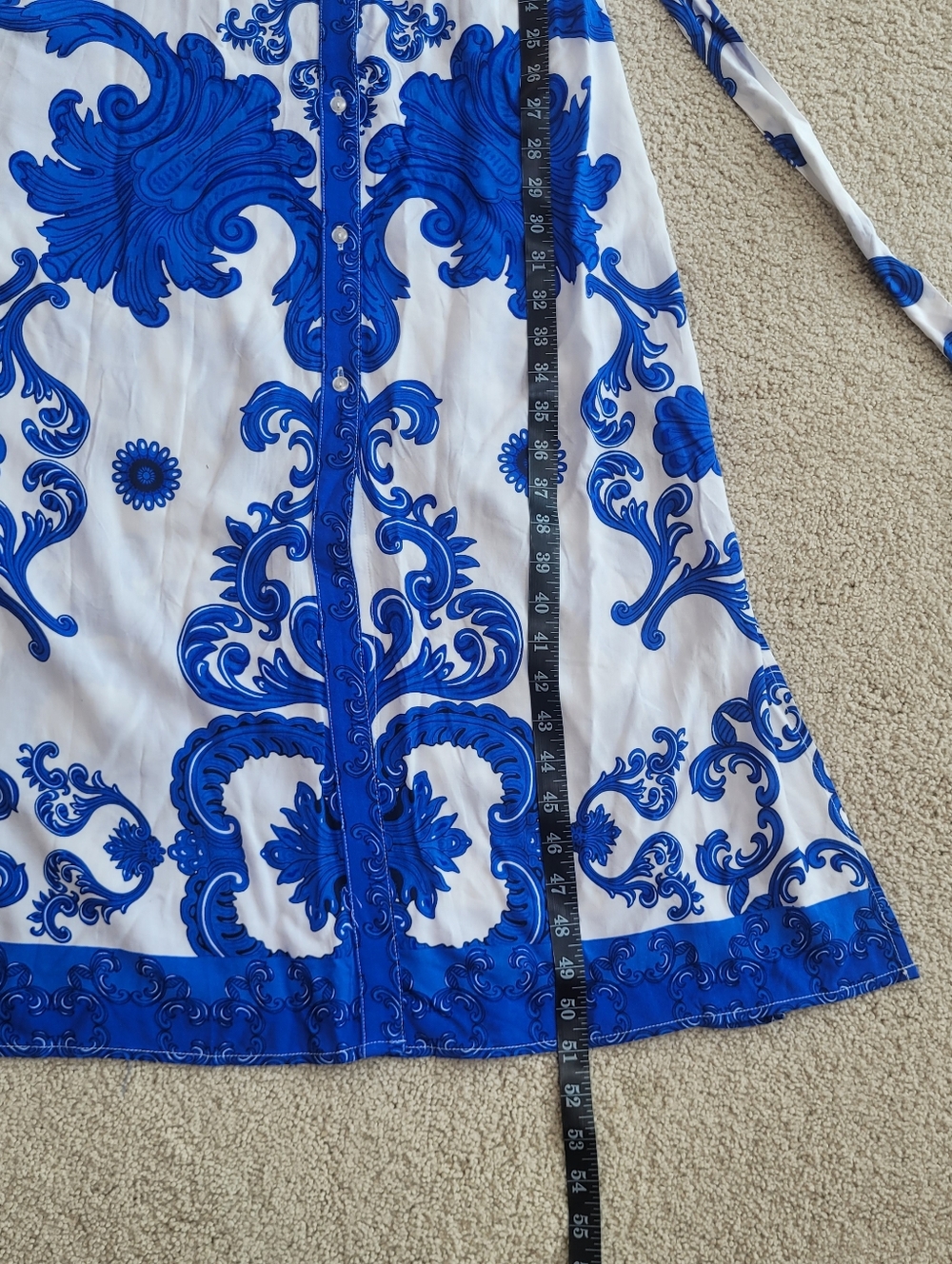1.STATE Blue White Baroque Print Maxi Shirt Dress Belted Boho Resort Sz S - Picture 7 of 9
